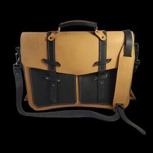 Leather Messenger Bag Crossbody Briefcase Two Tone Black Tan Handcrafted